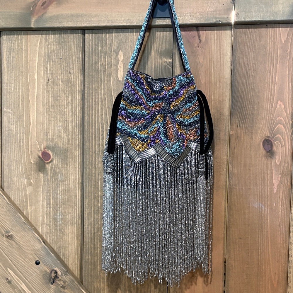 Free People Multicolor Beaded Clutch  with Silver Fringe